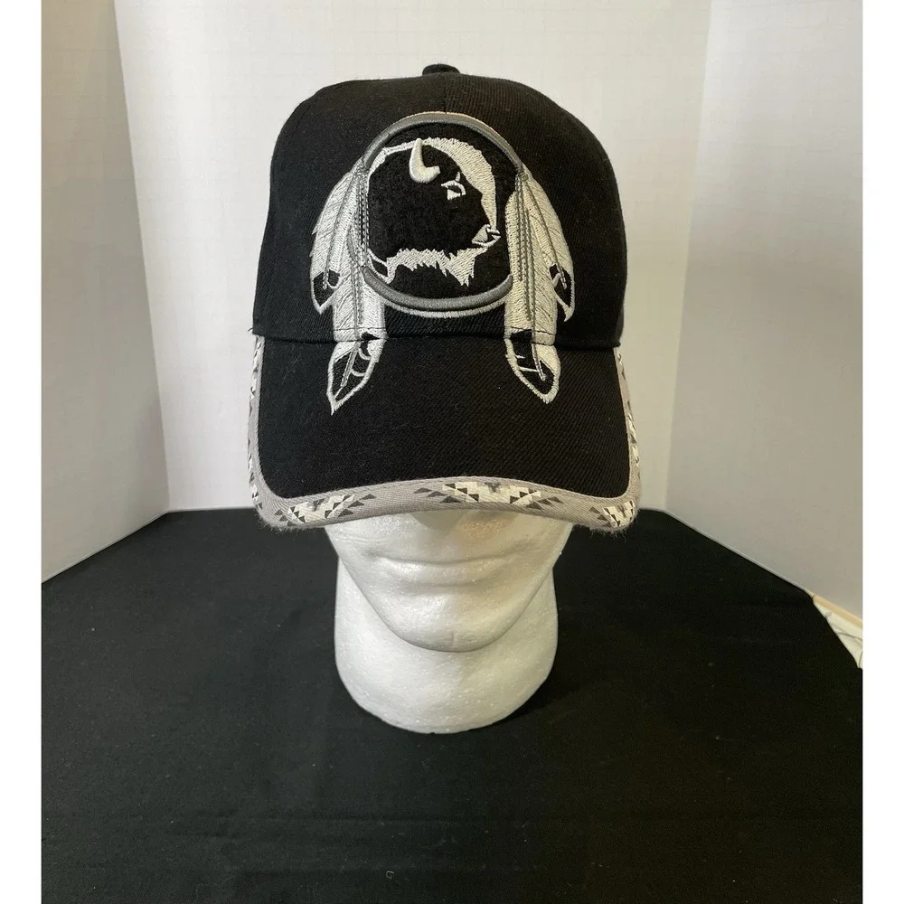 Native Pride Buffalo Bison & Eagle Feathers Logo. Native Back Adjustment Cap Hat